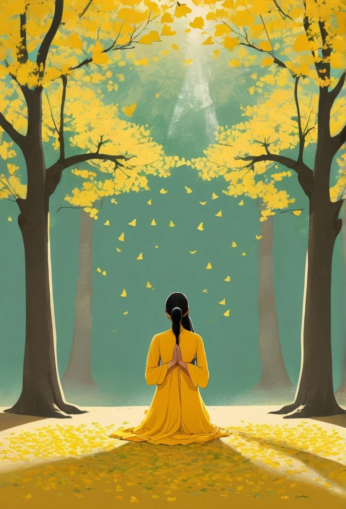 Minimalist Journey,The girl places her hands together in front of her chest, her head slightly tilted, as if engaging in a prayer, exuding devotion and tranquility, under the ginkgo tree, dutch angle,Minimalism, illustration. Chanting hare Krishna mahamantra