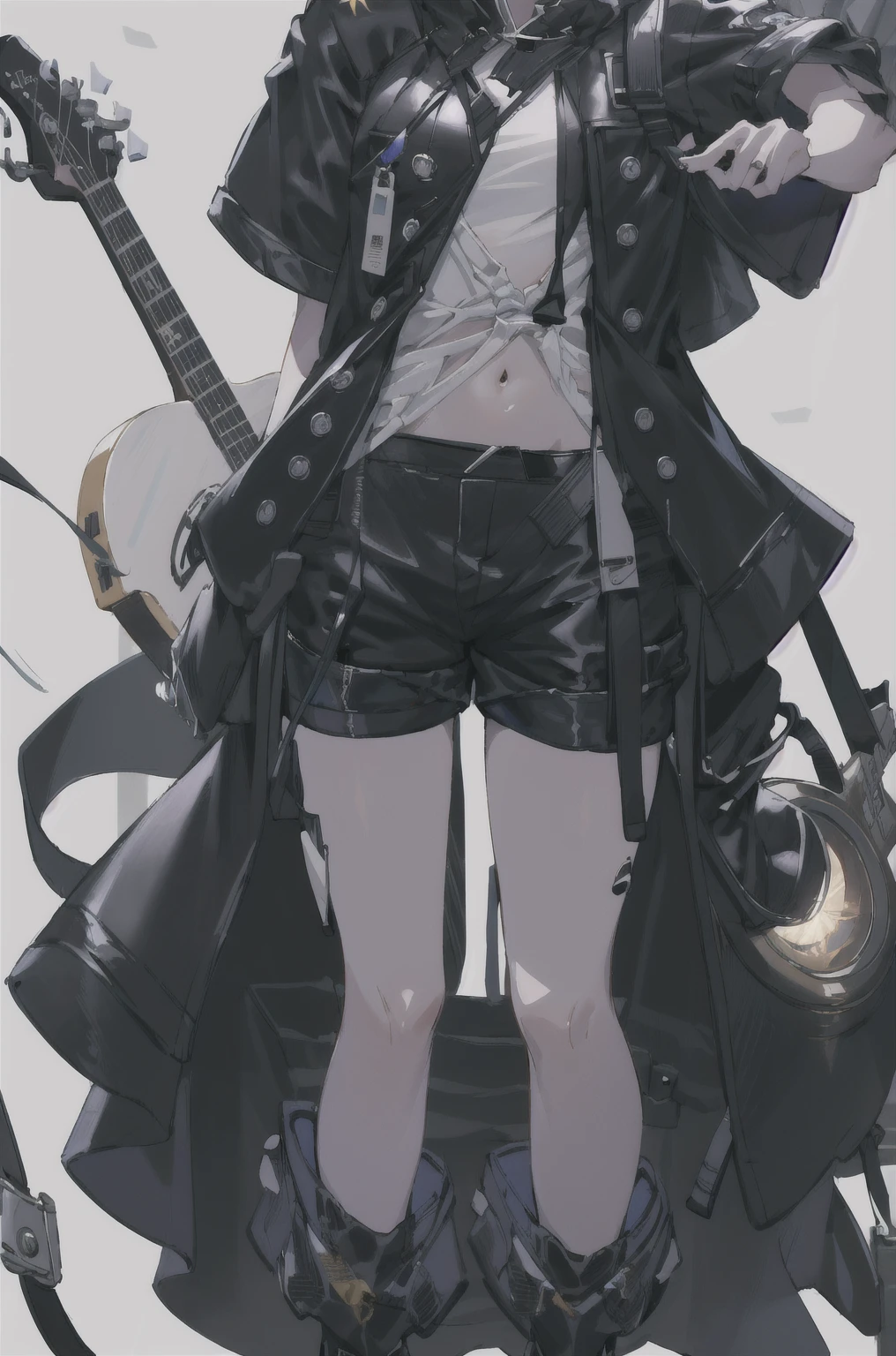 8K,high resolution,absurd,masterpiece,best quality,The original,Extremely detailed CG,Extremely detailed wallpaper,Perfect lighting,1 Girl,Vague_background,
(hutaodef:1.2),Black shorts,black h在 with h在 ,Regular Clothes,white background,guitar,short hair