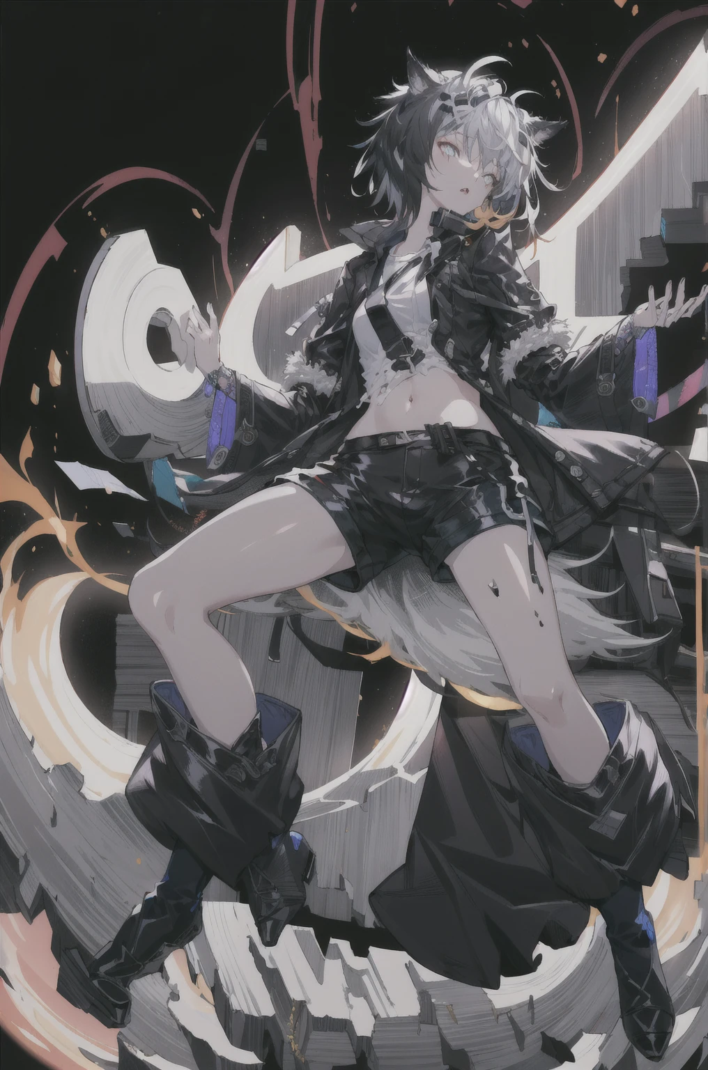 8K,high resolution,absurd,masterpiece,best quality,The original,Extremely detailed CG,Extremely detailed wallpaper,Perfect lighting,1 Girl,Vague_background，
(hutaodef:1.2),Black shorts,black h在 with h在 ,Regular Clothes，white background，guitar，short hair