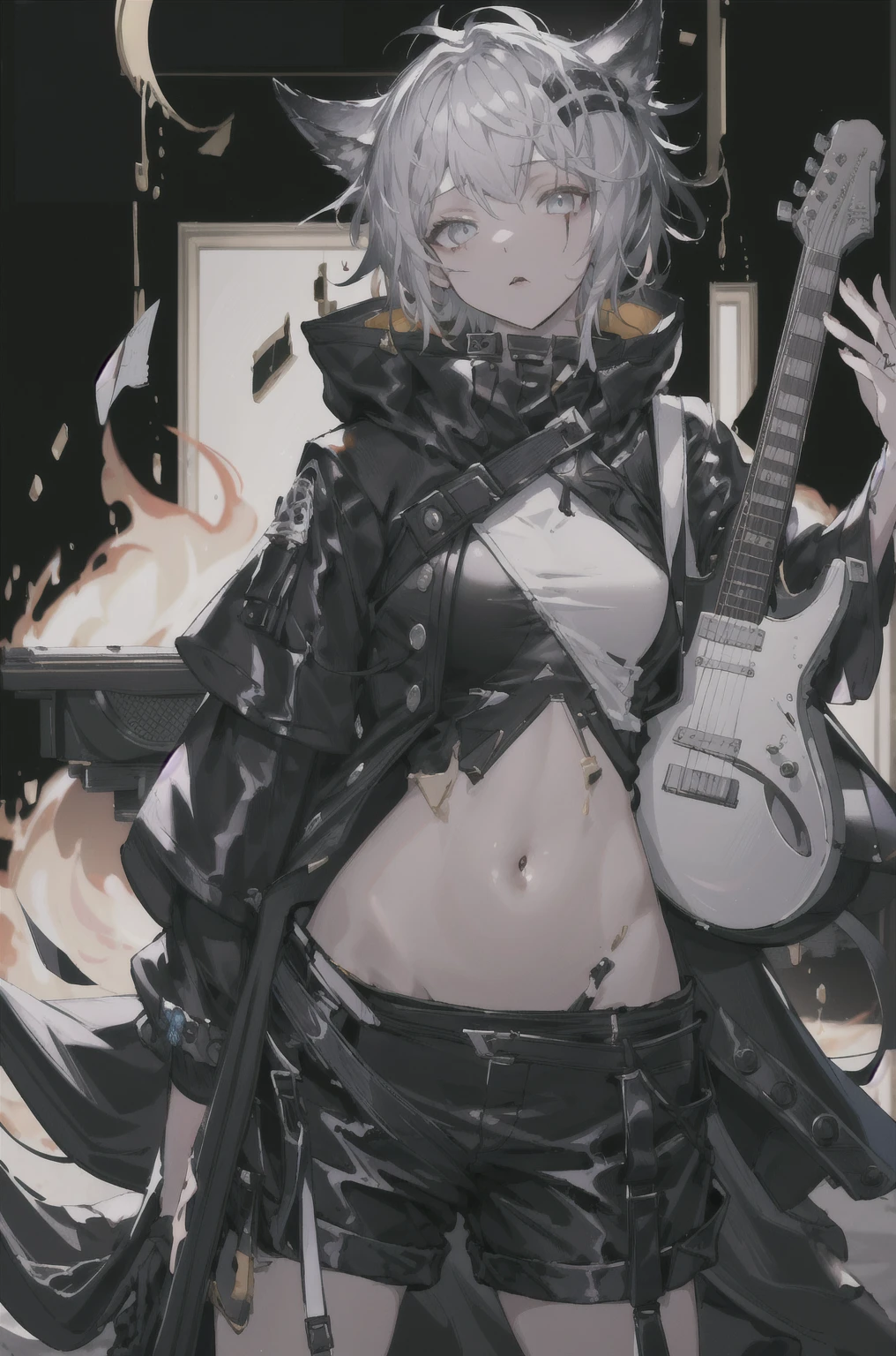8K,high resolution,absurd,masterpiece,best quality,The original,Extremely detailed CG,Extremely detailed wallpaper,Perfect lighting,1 Girl,Vague_background,
(hutaodef:1.2),Black shorts,black h在 with h在 ,Regular Clothes,white background,guitar,short hair