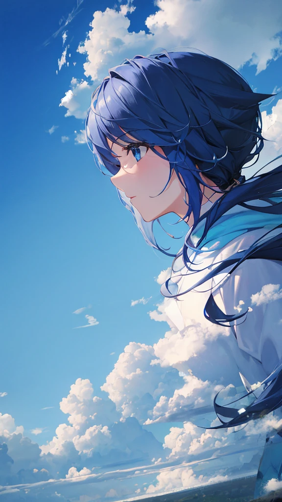 The main theme is the blue sky with white clouds floating in it. top of the hill Woman's back view Casual clothing An illustration
