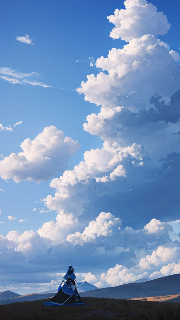 The main theme is the blue sky with white clouds floating in it.　top of the hill　Woman&#39;s back view　Casual clothing　An illustration