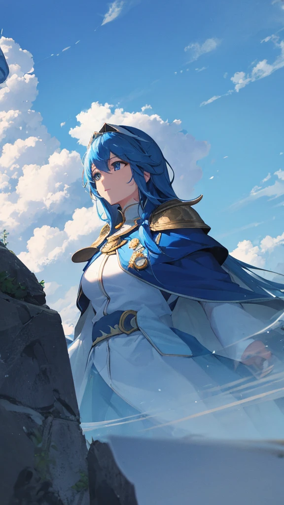 The main theme is the blue sky with white clouds floating in it. top of the hill Woman's back view Casual clothing An illustration