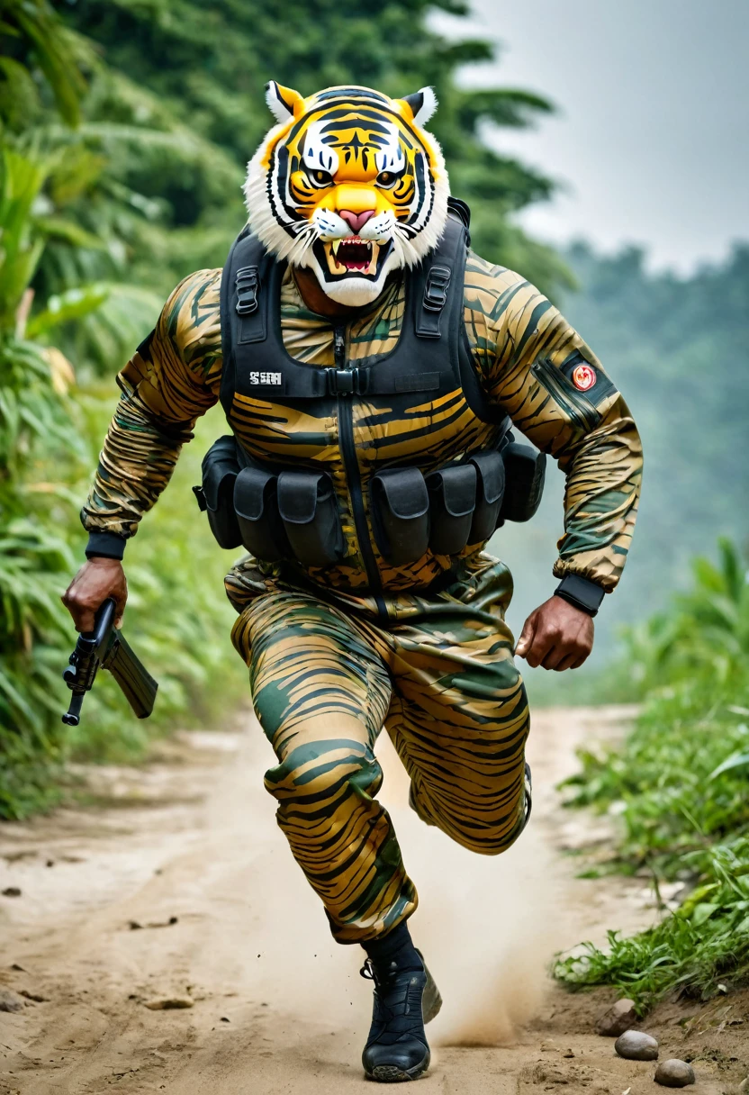 (a dark-skinned fat muscular old man in a bulky army camouflage zipper diver suit) running and shooting with a rifle, (wearing realistic roaring siberian tiger mask), muscular, Bruce Onobrakpeya, sumatraism, stanley artgermm, action, heroic, fierce, snarling