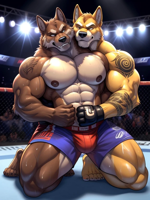 Duo male(Brown Wolf vs Brown Wolf, handsomes, Thick eyebrows), gay(Kneeling, cuddling neck, embraced from behind, trying escape, Back on body, on a UFC match), hot(Shirtless), handsomes(They are handsomes, correct anatomy), musculosos(Big muscle bodies, Six packs, muscle abs, big pecs, muscle backs, muscle legs), sweaty(very sweaty wet bodies, shiny sweat), tatuajes(they have tattoos), Grumpy(Both have an grumpy expression, growling, steaming breath), UFC gloves(They both are wearing red UFC gloves), UFC boxers(They both are wearing boxers), Hight resolution, by(Zourik:1.1) 