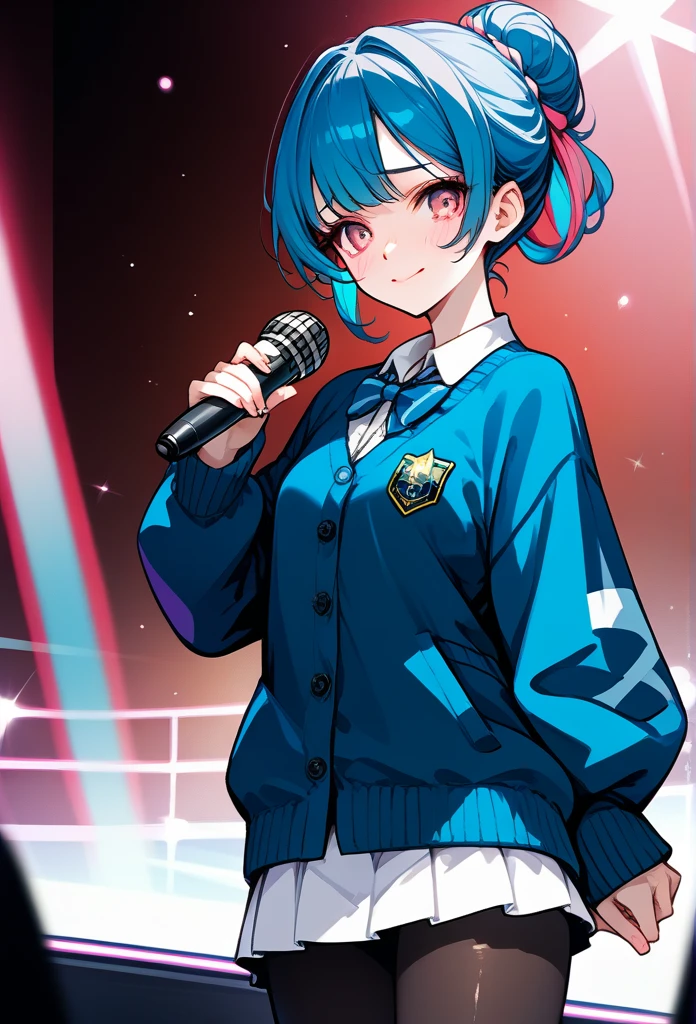 mature woman, mature face, pink eyes, shy expression, embarrassed face, shy smile, glossy lips, bun ponytail hair, (blue hair color, pink gradient hair color, azure color hair), bangs covering left eye, left blinding bangs hairstyle, mature body, small breasts, dark blue cardigan, short skirt, navy color skirt, pantyhose, idol, stage, holding microphone