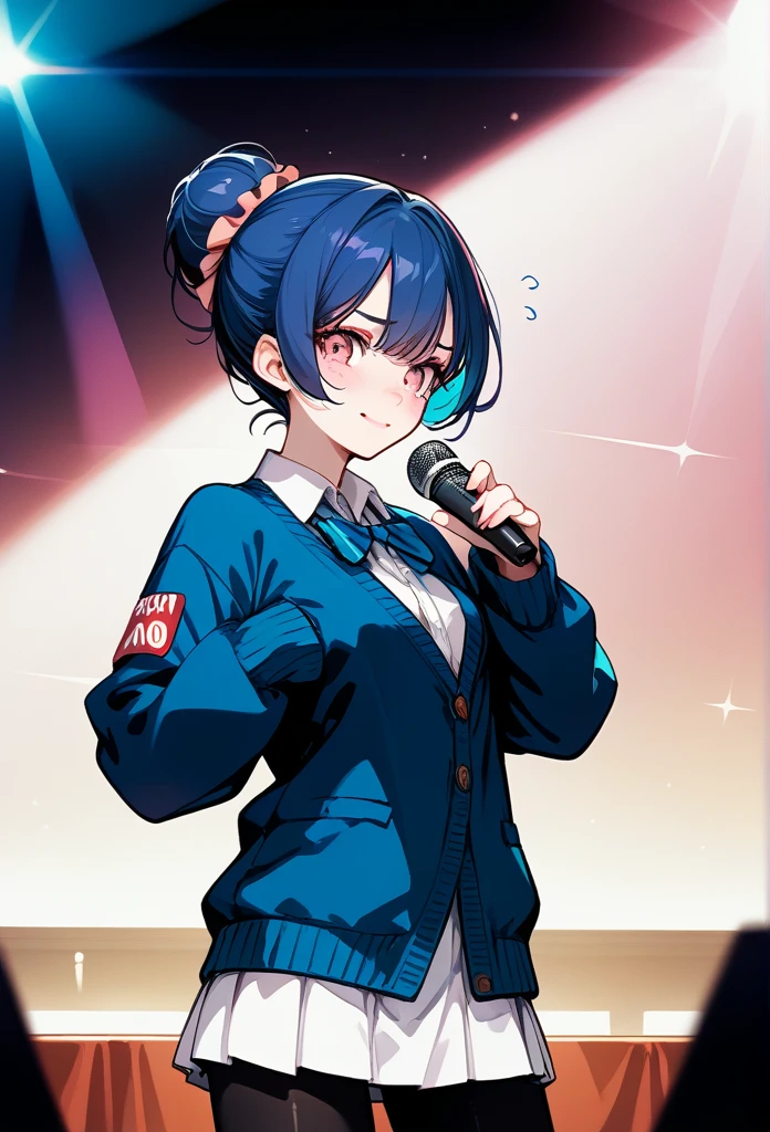mature woman, mature face, pink eyes, shy expression, embarrassed face, shy smile, glossy lips, bun ponytail hair, (blue hair color, pink gradient hair color, azure color hair), bangs covering left eye, left blinding bangs hairstyle, mature body, small breasts, dark blue cardigan, short skirt, navy color skirt, pantyhose, idol, stage, holding microphone