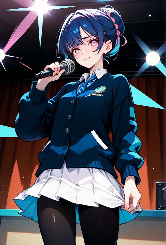 mature woman, mature face, pink eyes, shy expression, embarrassed face, shy smile, glossy lips, bun ponytail hair, (blue hair color, pink gradient hair color, azure color hair), bangs covering left eye, left blinding bangs hairstyle, mature body, small breasts, dark blue cardigan, short skirt, navy color skirt, pantyhose, idol, stage, holding microphone