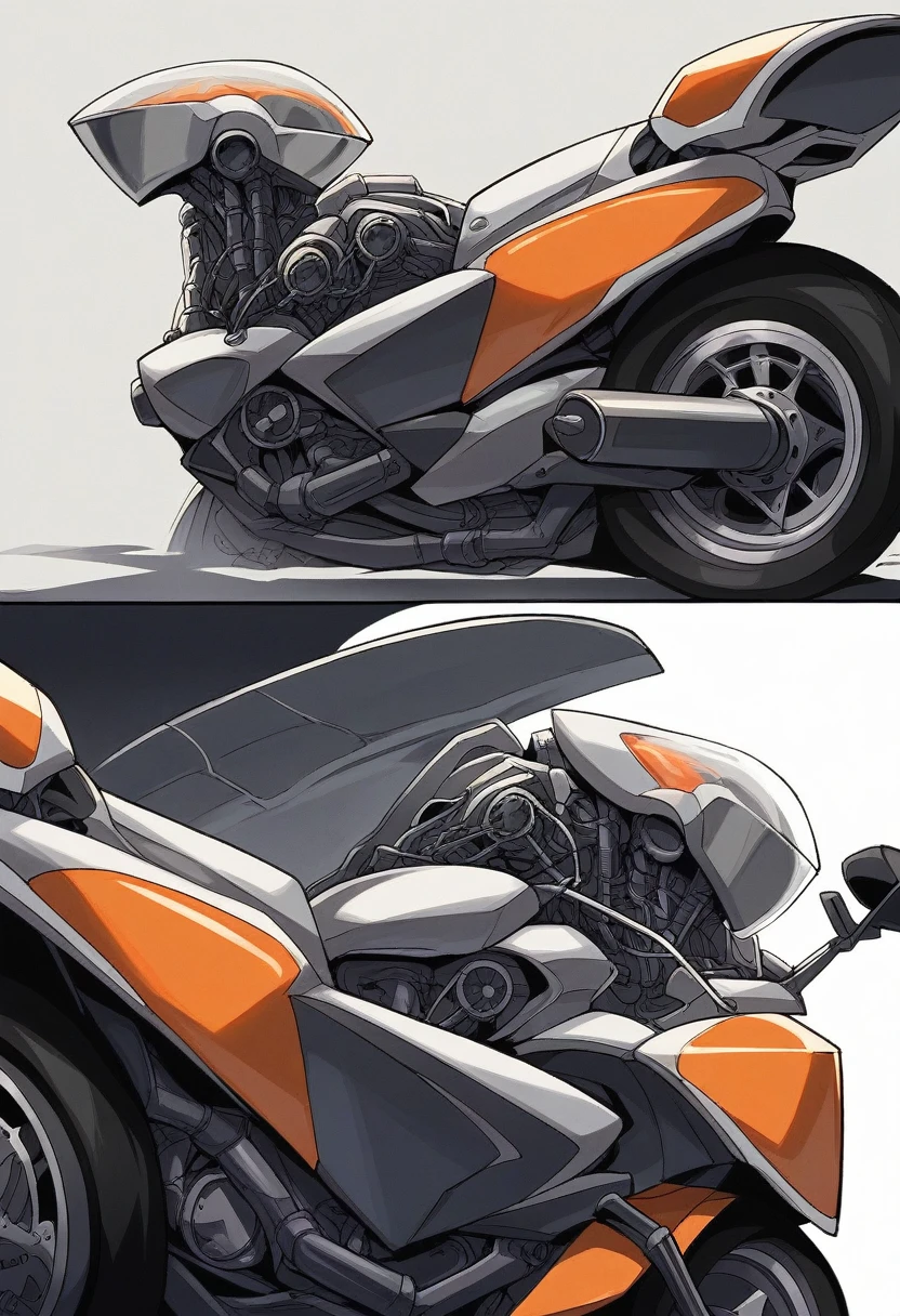 Create a detailed and futuristic motorbike surrounded by sexy girls, with technical diagrams showing various angles and parts of the bike. Motorcycles must have complex designs with exposed mechanical components, large wheels, sturdy frames, and complex wiring and pipes. The front fairing should be aerodynamic with a curved windshield, and the rear appears to be equipped with large rims with thick tires and an open, low-angle engine section. The background should include technical schematics from the side, top and enlarged views, highlighting the internal structure and connections of the motorcycle. The main color of the bike should be metallic gray with some orange accents in its technical diagrams, emphasizing the high precision and intricate details of this work of mechanical art.