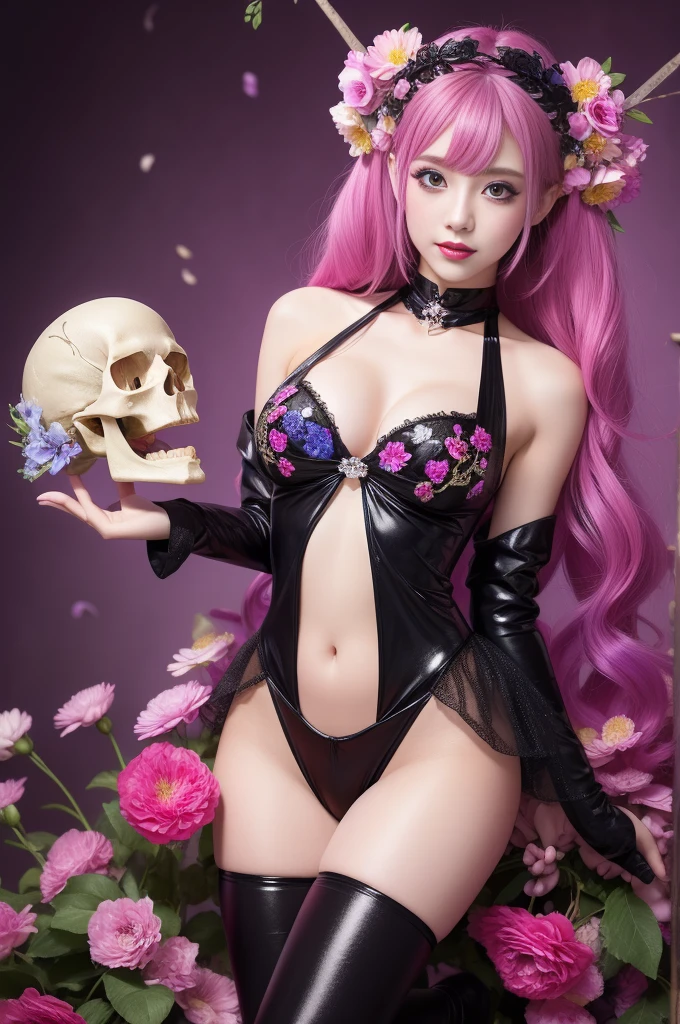 beautiful sexy woman who controls poison、lipgloss、professional makeup、full body Esbian、、sparkling poisoned flower costume、、、、sparkling Colorful hair、secrete poison、skull hair accessories schnet tights、flowers background