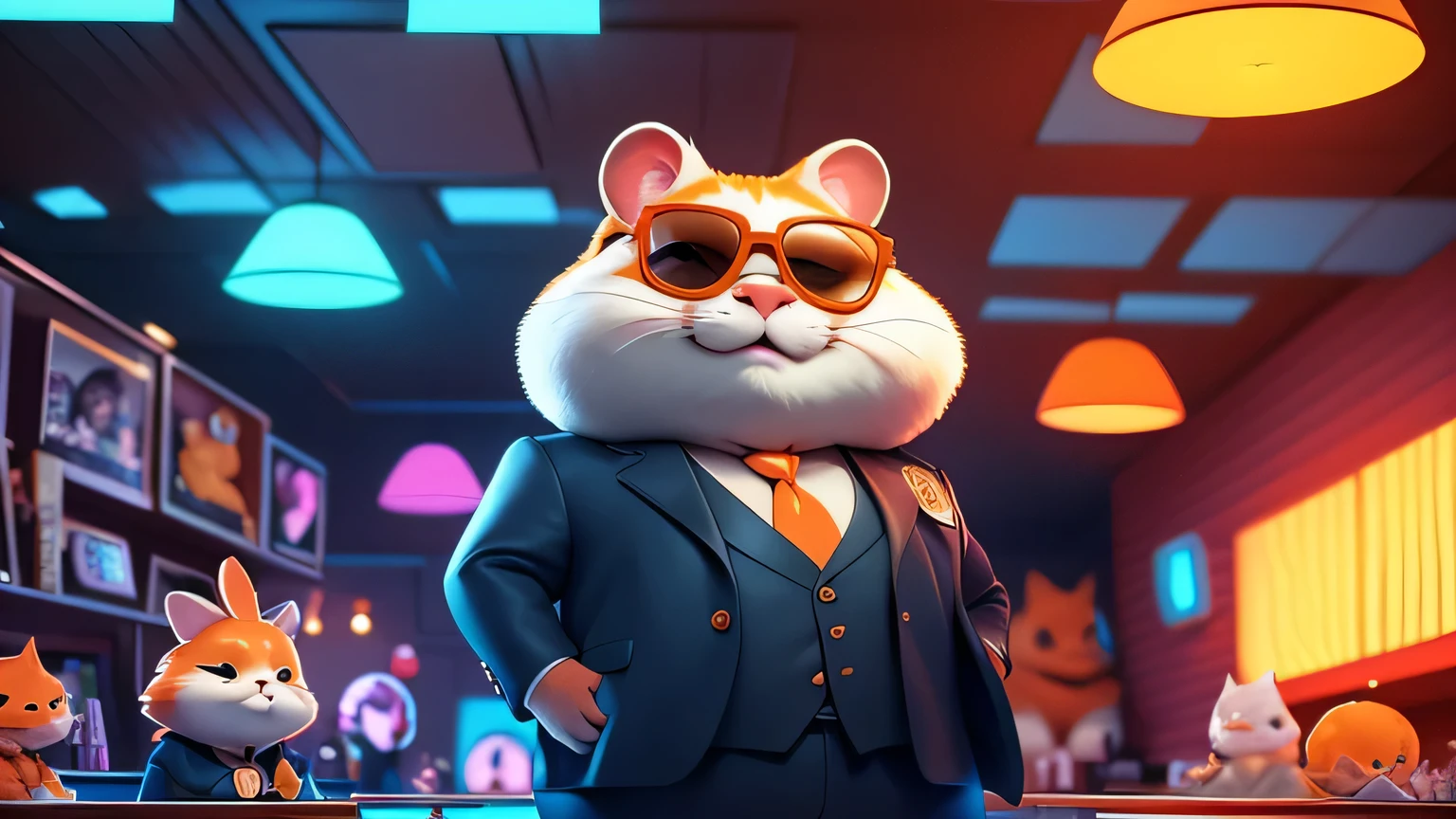 a close up of an orange hamster, cute face with fat cheeks, dressed in a suit and sunglasses, furry art, looking heckin cool and stylish, , big chungus boss, neon room background.
