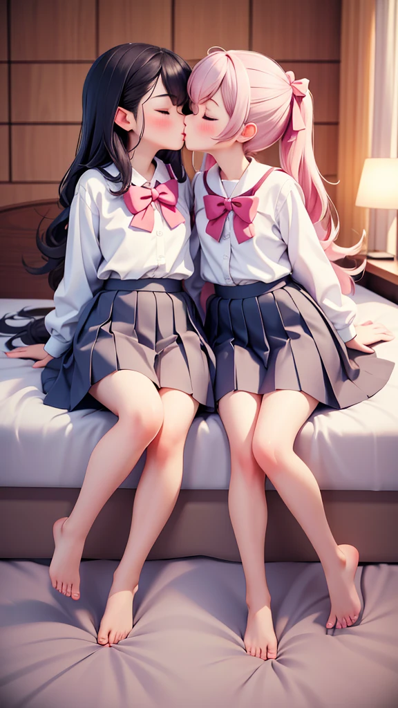 ((jk, 2girls)), (petite kawaii, bishojo), (cute, ahegao), (round eyes), ((masterpiece)), (best quality), (ultra detailed), ((highres)), (exquisite), (depth), (high standard), (beautiful and aesthetic), (super detailed skin), (perfect anatomy), (full body), (blush), (sun, school uniform), (bare foot), (big bow in hair), (lipstick), (own room), ((closed eyes, kiss))