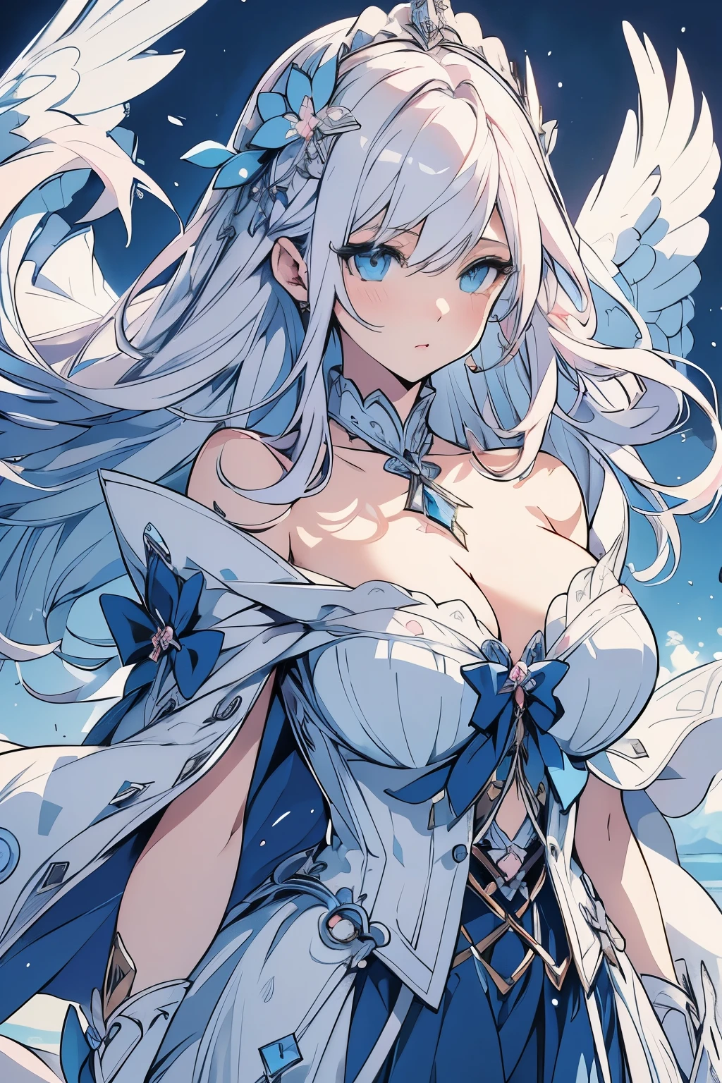 a beautiful anime girl, detailed face, detailed eyes, detailed lips, 1girl, white pink hair, blue eyes, open chest, revealing cleavage, detailed clothing, ribbons, lace, intricate designs, soft lighting, pastel colors, cinematic composition, (best quality,4k,8k,highres,masterpiece:1.2),ultra-detailed,(realistic,photorealistic,photo-realistic:1.37),vibrant colors,dynamic pose,elegant,delicate features,porcelain skin,volumetric lighting,depth of field,dramatic angle