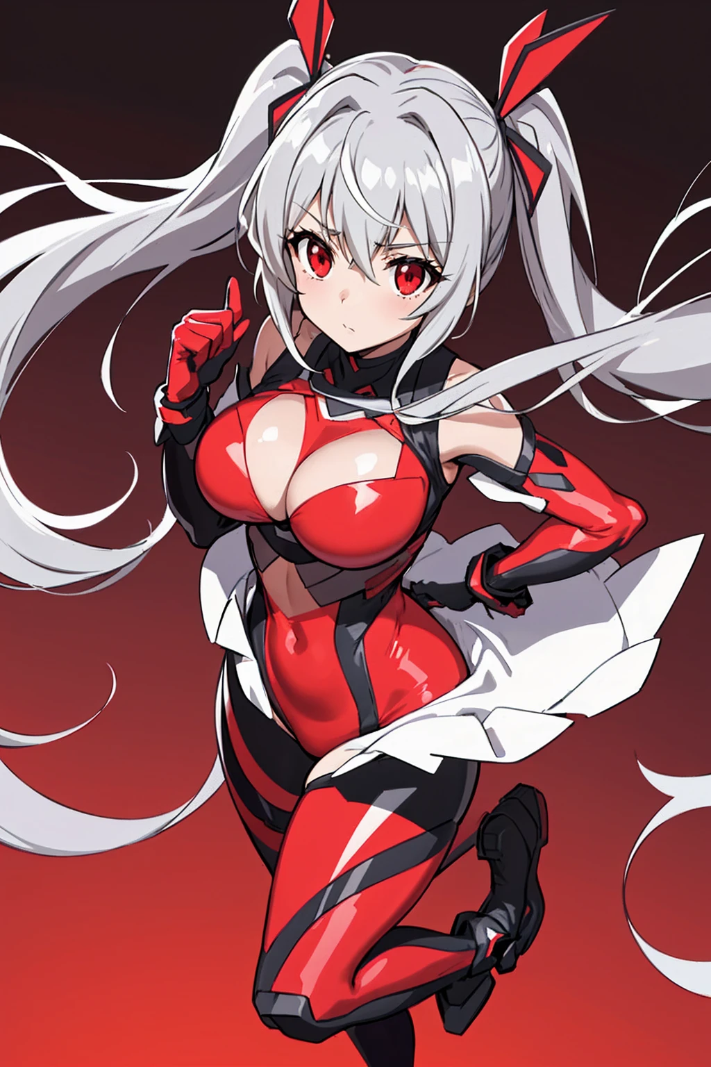 whole body,Standing posture, (Gray Hair,Twin tails,) (One Girl,Super big breasts,,Symphogia style,Red eyes), (beautifully drawn face:1.2) (High leg leotard,Symphogear Suit,Black and red outfit,) Cold look,(White background)