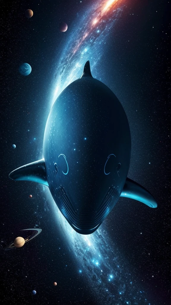Space Ocean, Space whale swims in color, Planets around,Flying UFOs