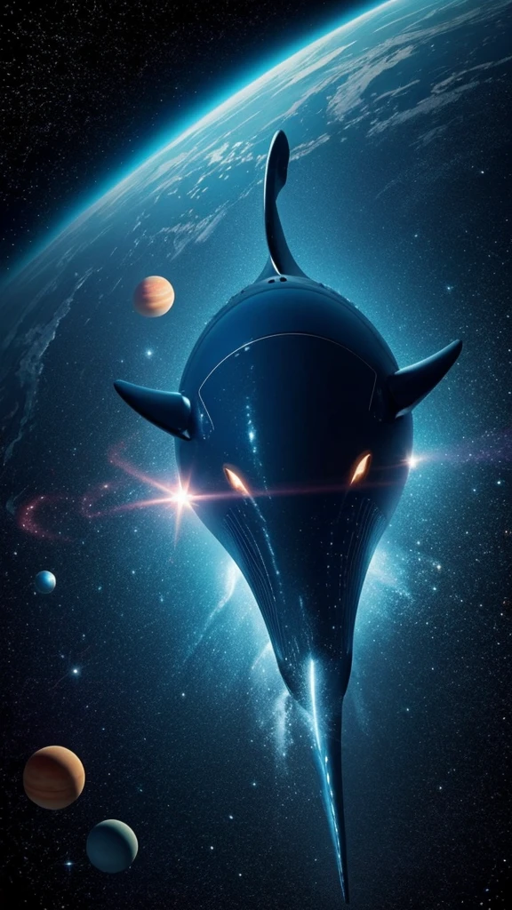 Space Ocean, Space whale swims in color, Planets around,Flying UFOs