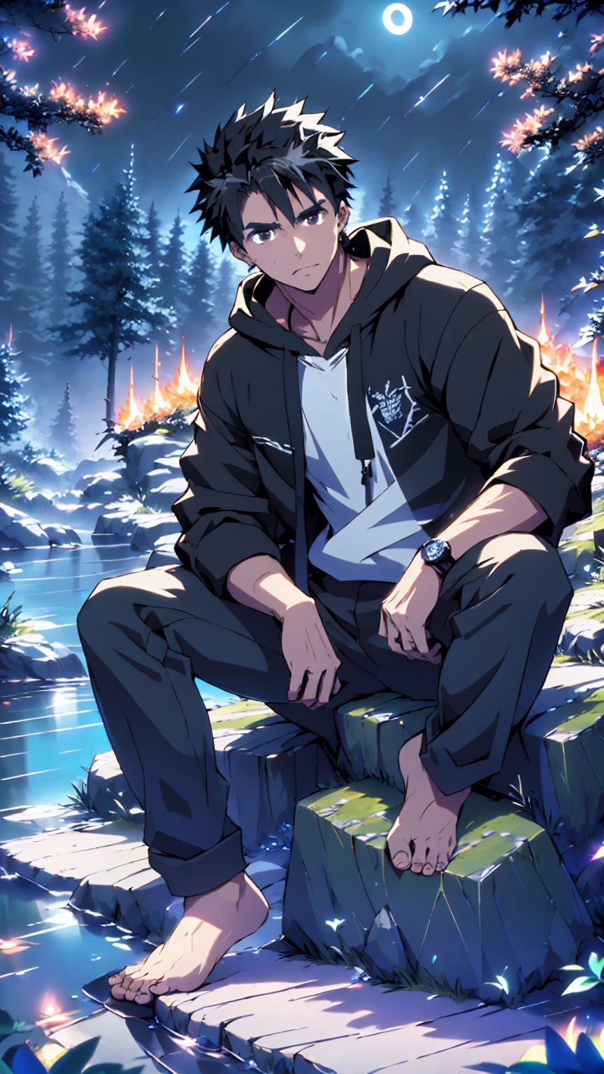 ((Highest quality)), ((masterpiece)), (detailed), Highest quality、High resolution、８K、Wearing a black hoodie、One adult male、33 years old、Dark Eyes、Slightly permed black hair、Japanese anime-like style、超High resolutionかわいい萌えアニメ8k、handsome face manly、Slender and muscular、barefoot、sitting on a stone、Spread your legs、night、Forest landscape、lake、darkness、Surrounded by lots of fireflieoonlight