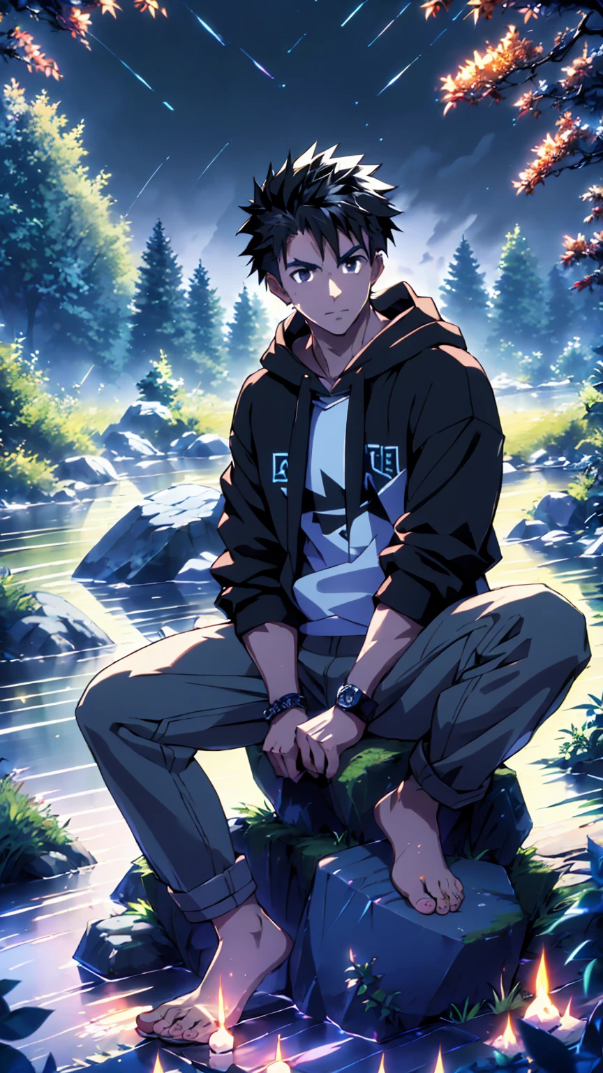 ((Highest quality)), ((masterpiece)), (detailed), Highest quality、High resolution、8K、Wearing a black hoodie、One adult male、33 years old、Dark Eyes、Slightly permed black hair、Japanese anime-like style、超High resolutionかわいい萌えアニメ8k、handsome face manly、Slender and muscular、barefoot、sitting on a stone、Spread your legs、night、Forest landscape、lake、darkness、Surrounded by lots of fireflieoonlight