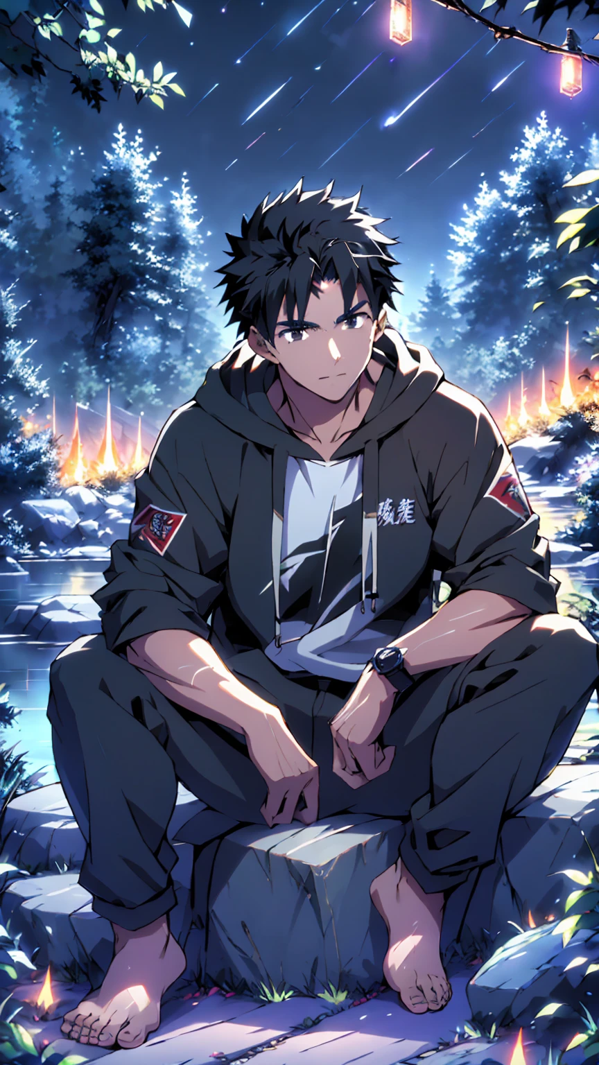 ((Highest quality)), ((masterpiece)), (detailed), Highest quality、High resolution、８K、Wearing a black hoodie、One adult male、33 years old、Dark Eyes、Slightly permed black hair、Japanese anime-like style、超High resolutionかわいい萌えアニメ8k、handsome face manly、Slender and muscular、barefoot、sitting on a stone、Spread your legs、night、Forest landscape、lake、darkness、Surrounded by lots of fireflieoonlight