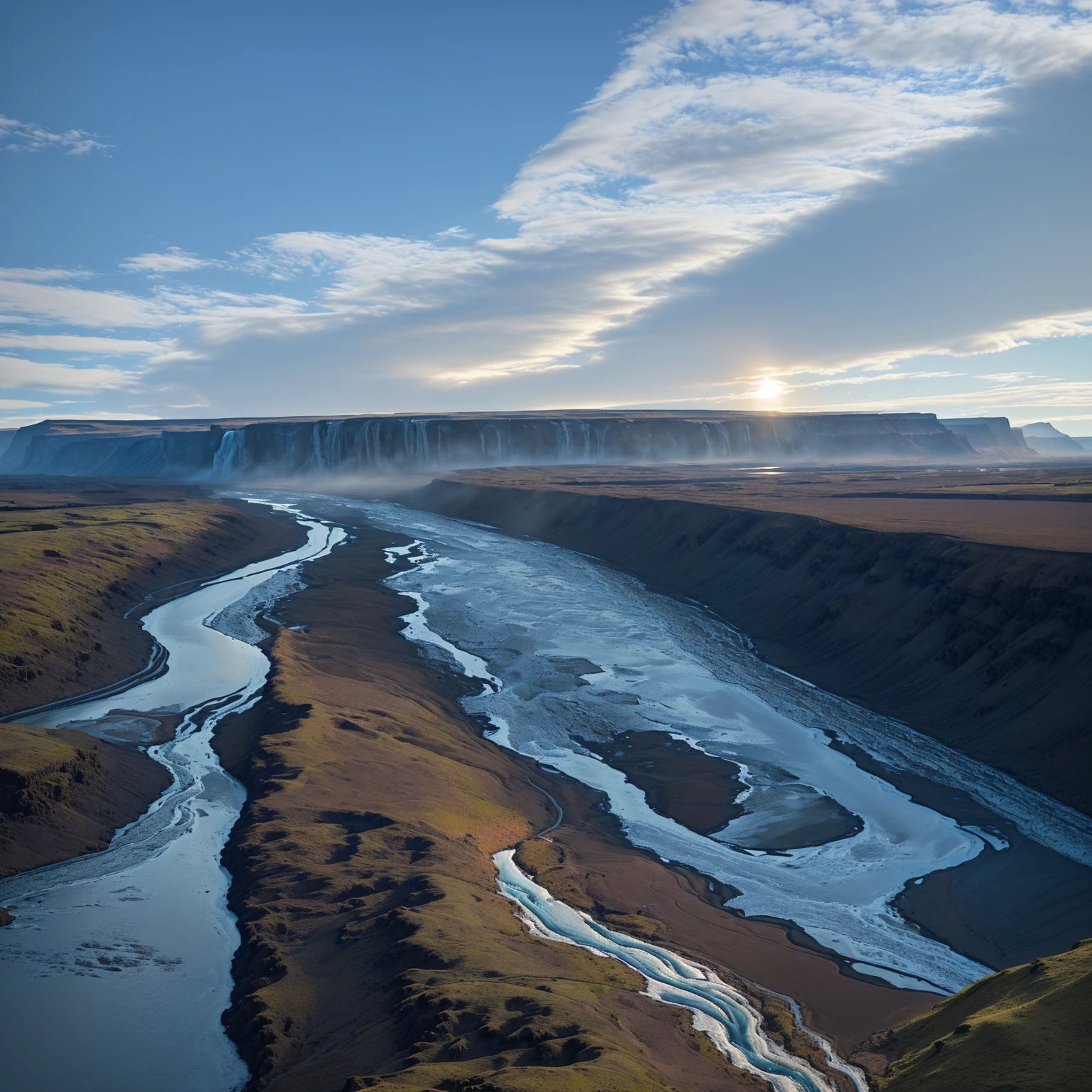 Landscape of the Arafud River with waterfalls and road, Shot with iPhone 1 3 Pro, Shot with iPhone 14 Pro, Shot with iPhone 1 3 Pro max, Shot with iPhone 1 3 Pro, author：Jeffrey Smith, ( Greg Rutkowski ), iceland photography, The river is flowing, author：Daren Bader, Lavs flowing through the land