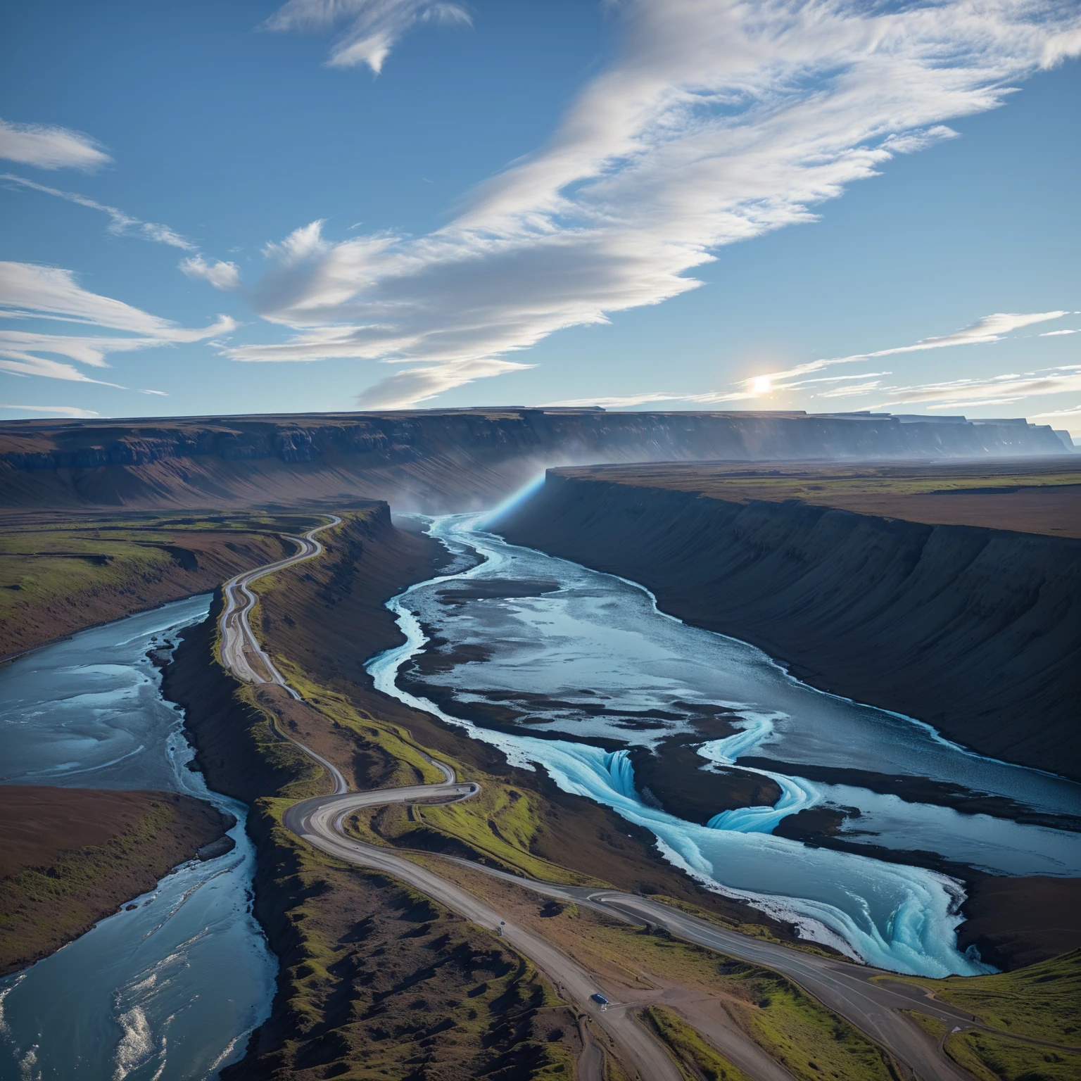 Landscape of the Arafud River with waterfalls and road, Shot with iPhone 1 3 Pro, Shot with iPhone 14 Pro, Shot with iPhone 1 3 Pro max, Shot with iPhone 1 3 Pro, author：Jeffrey Smith, ( Greg Rutkowski ), iceland photography, The river is flowing, author：Daren Bader, Lavs flowing through the land