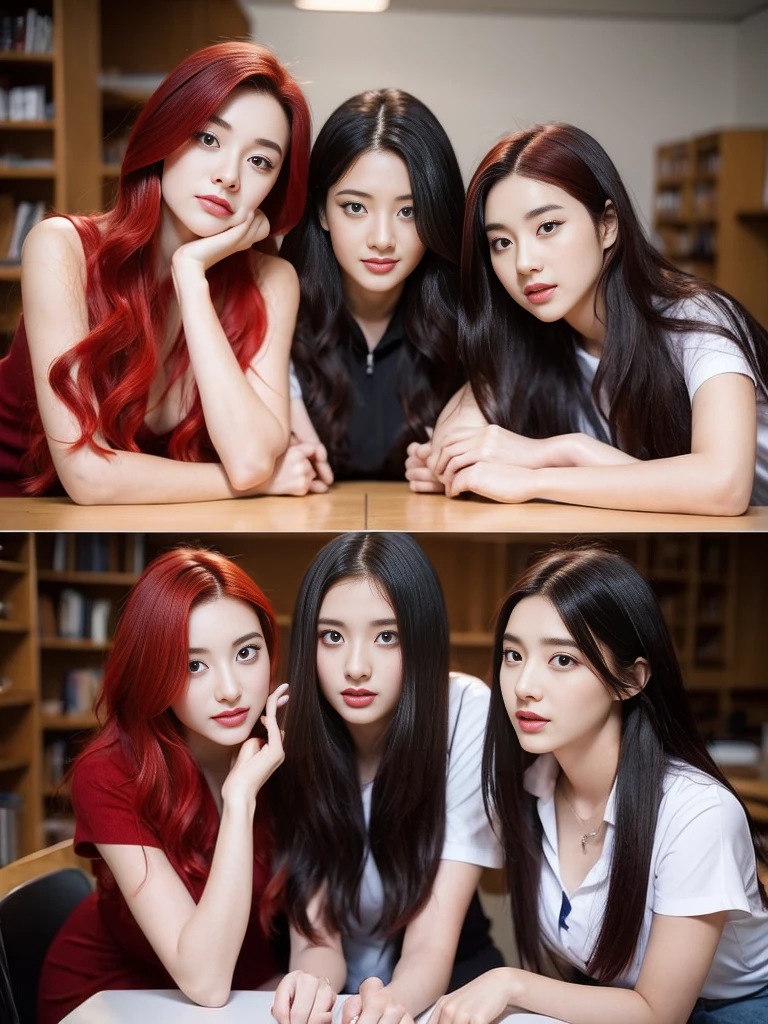 3 students,1 person with red hair,2 people with black hair,sexly,realistically,realistic