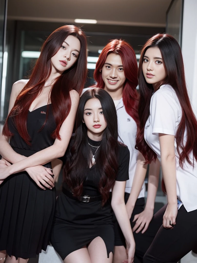 3 students,1 person with red hair,2 people with black hair,sexly,realistically,realistic