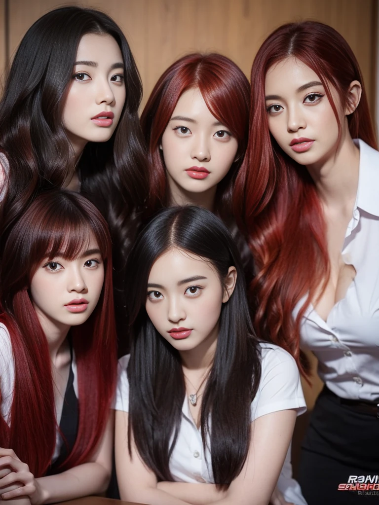 3 students,1 person with red hair,2 people with black hair,sexly,realistically,realistic