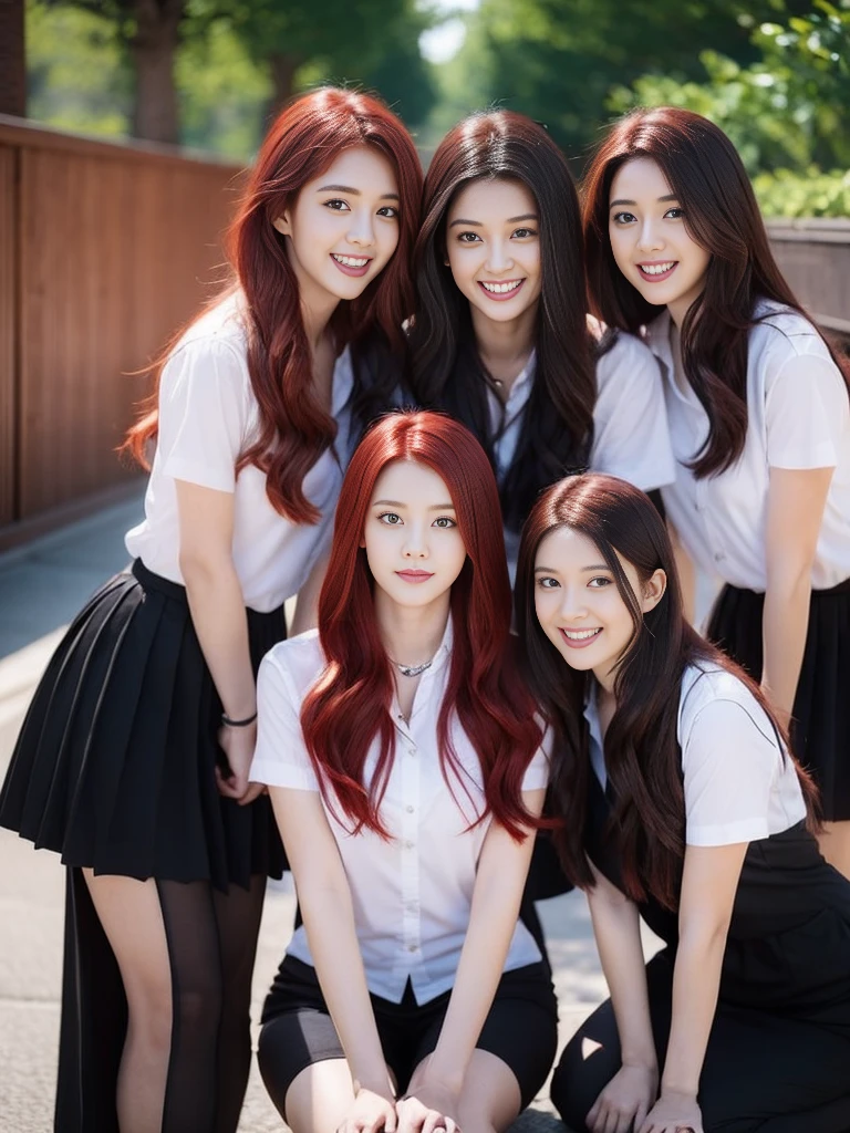 3 students,1 person with red hair,2 people with black hair,sexly,realistically,realistic