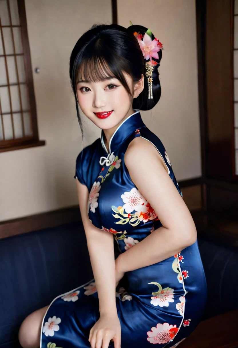 Beautiful 16 year old japanese , dark blue floral silk qipao, photorealistic, masterpiece, tight clothes, large breasts, lipstick, beautiful face, seductive, cute, smile