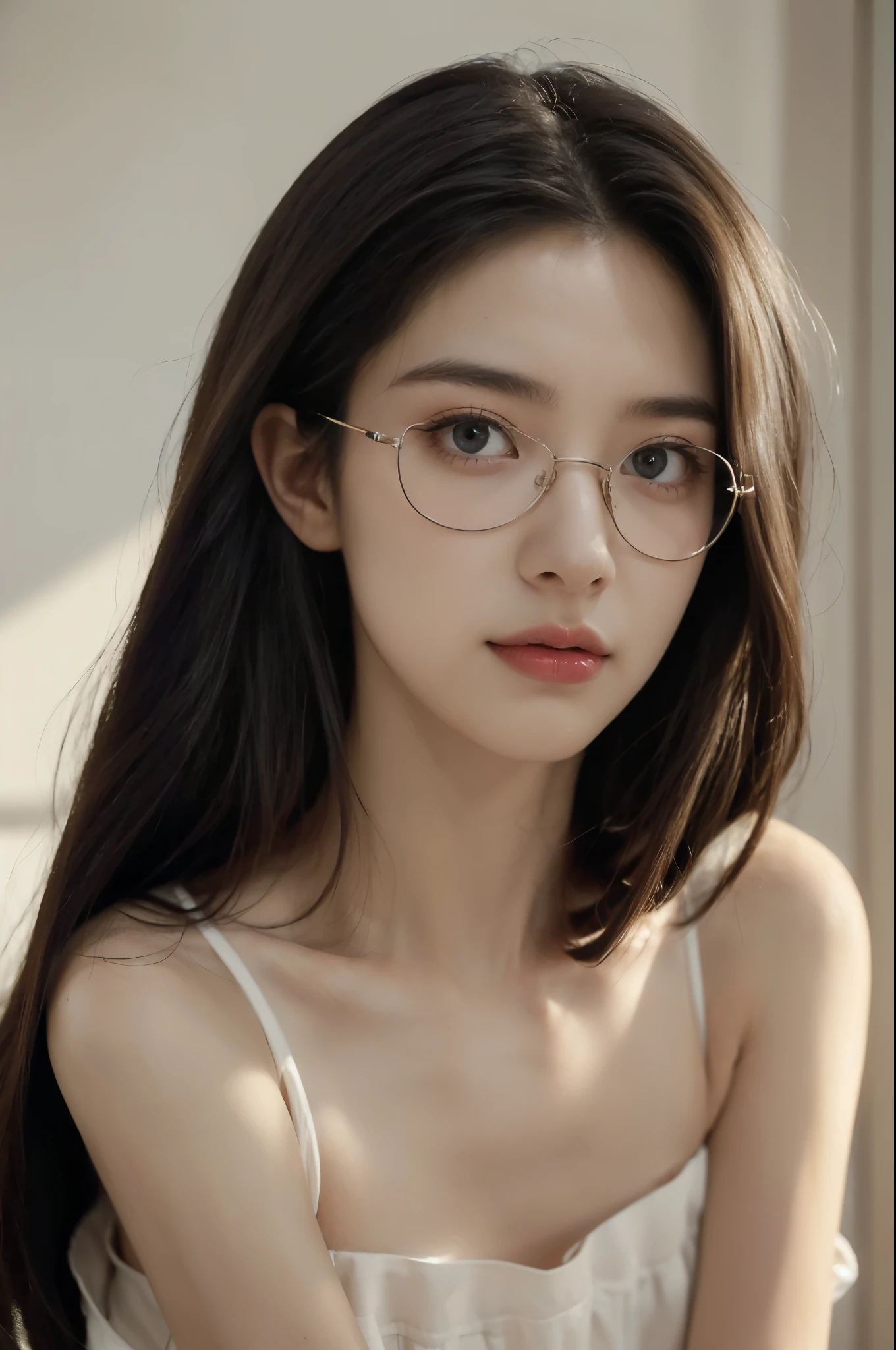 (((best quality))),(((ultra detailed))),(((masterpiece))),illustration,(close-up of face:1.3),((1 beautiful girl,solo)),(shoulder-length straight bob hair:1.2),(confused eyes:1.3),((slim,thin,small breasts,flat chest)),severe myopia,(glasses:1.3),halter top,white wall,dim lighting,gaze,delicate collarbone,smooth skin,intellectual air,vision impairment,contrast,hauntingly beautiful,testament to resilience,(darkness:1.3)