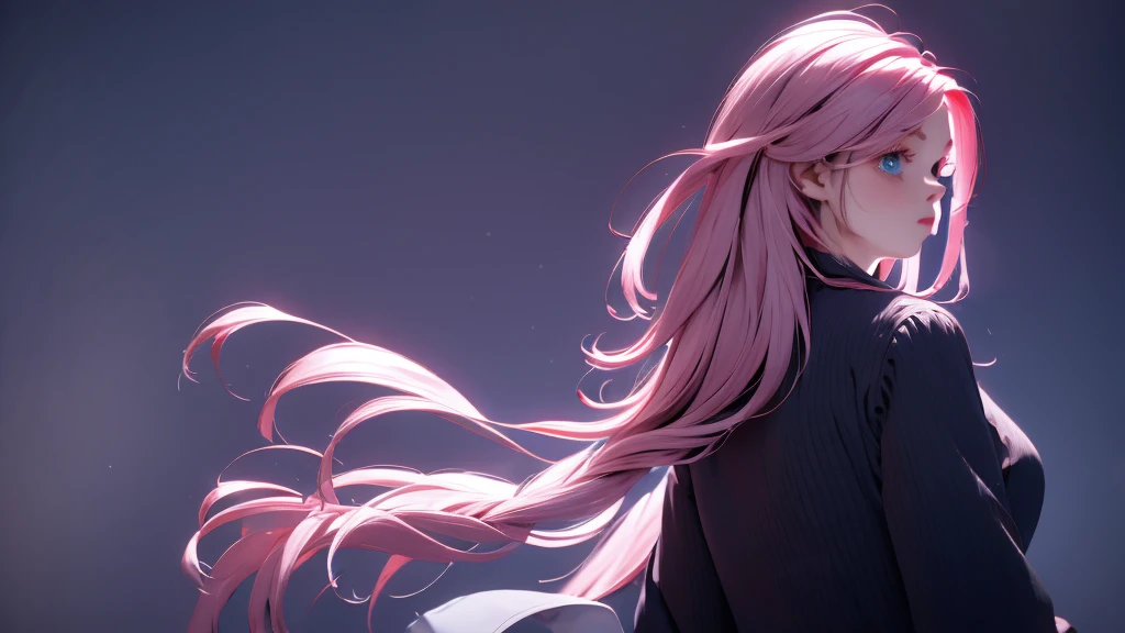 1 Girl , Girl medium light Pink hair, light blue eyes, wearing black suit 4D, night town , 18+ , high res, ultrasharp, 8K, masterpiece, looking from behind
