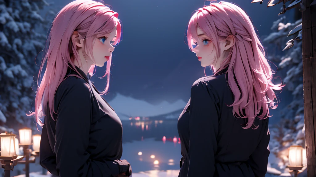 1 Girl , Girl medium light Pink hair, light blue eyes, wearing black suit 4D, night town , 18+ , high res, ultrasharp, 8K, masterpiece, looking from behind