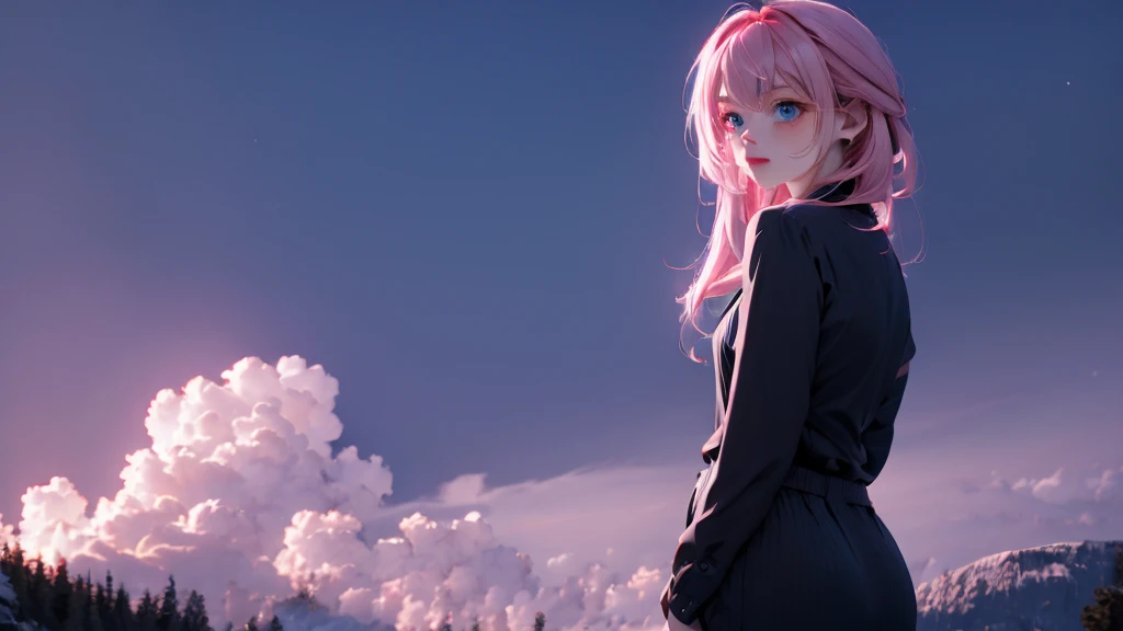 1 Girl , Girl medium light Pink hair, light blue eyes, wearing black suit 4D, night town , 18+ , high res, ultrasharp, 8K, masterpiece, looking from behind