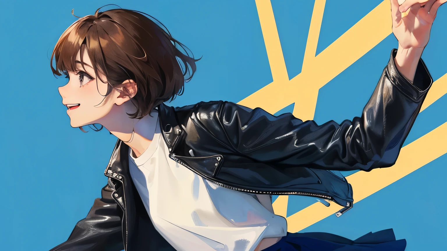 (((upright)))、(((Front view)))、((1 person)),Masterpiece,best quality, ((Floral Skirt))),boots ,((leather jacket))、((Navy Blue Background))、((Smile)),determined expression, Upper body diagram、 (Highest Resolution、Clear_image)、Best Quality、Light and shadow contrast、((illumination))、Very detailed、Semi-realistic、Short Hairstyle、Brown Hair、bangs、19 years old、 Lady,,young、((View from the front))、Delicate Facial Features