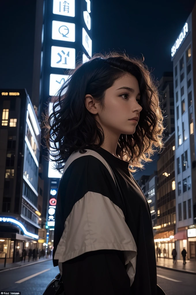 styled: realisitic. Right side: Black silhouette from the side of a boy with straight, tomboy-style hair at the back of his head, slightly defined arms and a hand on the neck of the person on the left. Left side: Black silhouette of the side of a girl at chin height of the person on the right, with voluminous long, curly hair, Looking slightly upward, in the eyes of the person on the right. fund: Dark sky as it is night with a building displaying an illuminated sign written "Just one more time..."