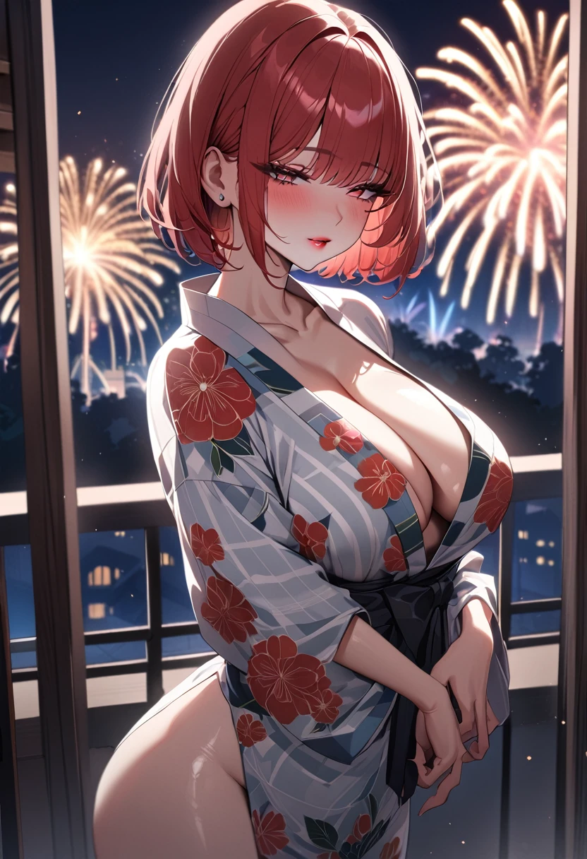 1girl,solo,super detailed skin,shiny skin,seductive look,half open eyes,eyelashes,lips gloss,pale red hair,short hair,hime cut,large breasts,floral printed yukata ,night balcony,fireworks ,cowboy shot,masterpiece,best quality,ultra detailed,high resolution,sharp focus,depth of field