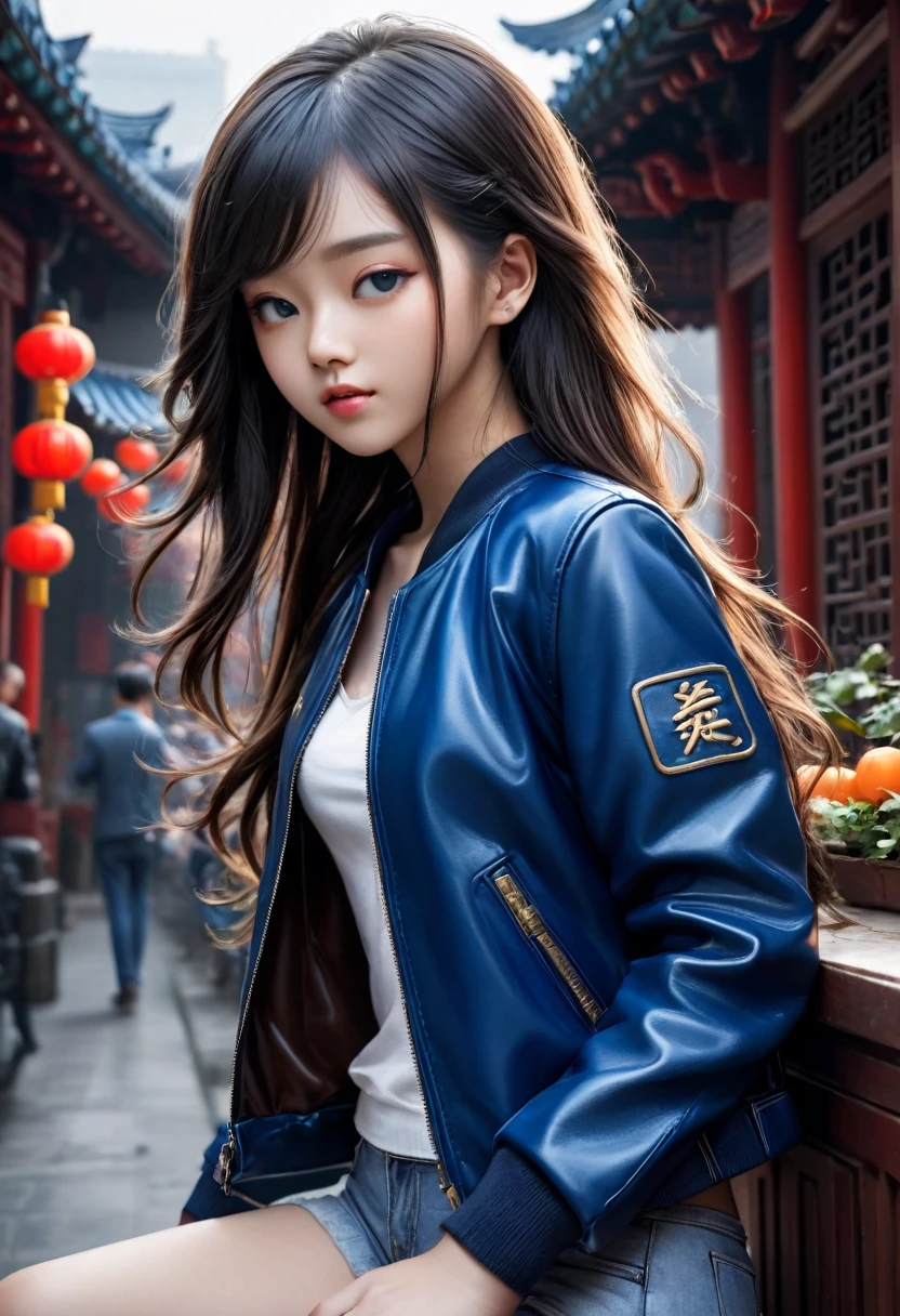 Best quality, masterpiece, ultra high res, (photorealistic:1.4), raw photo, 1girl,, , long hair, blue leather jacket, beautiful chinese girl, 16 years old