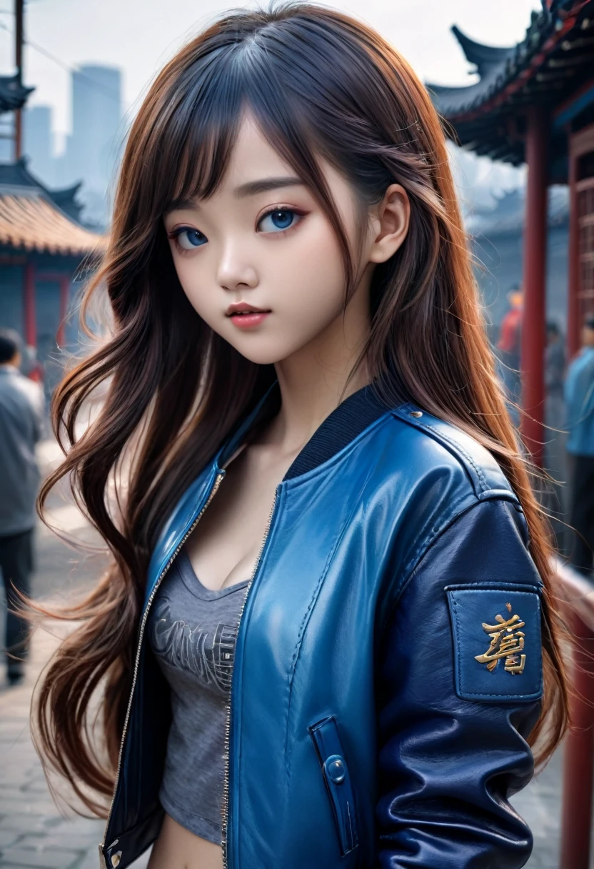 Best quality, masterpiece, ultra high res, (photorealistic:1.4), raw photo, 1girl,, , long hair, blue  leather jacket, beautiful chinese girl, 16 years old