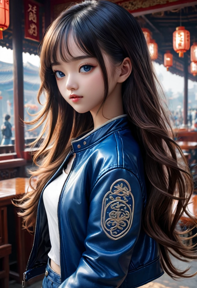 Best quality, masterpiece, ultra high res, (photorealistic:1.4), raw photo, 1girl,, , long hair, blue leather jacket, beautiful chinese girl,