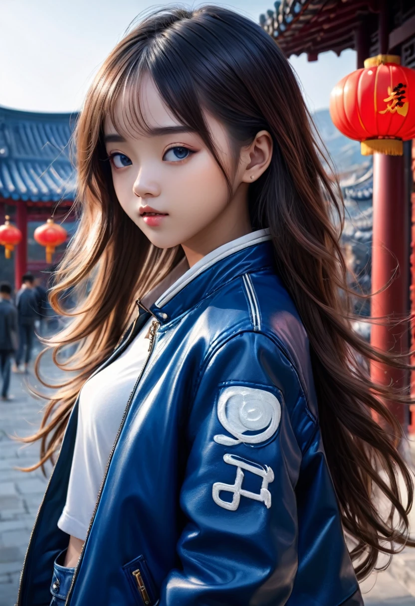 Best quality, masterpiece, ultra high res, (photorealistic:1.4), raw photo, 1girl,, , long hair, blue  leather jacket, beautiful chinese girl, 16 years old