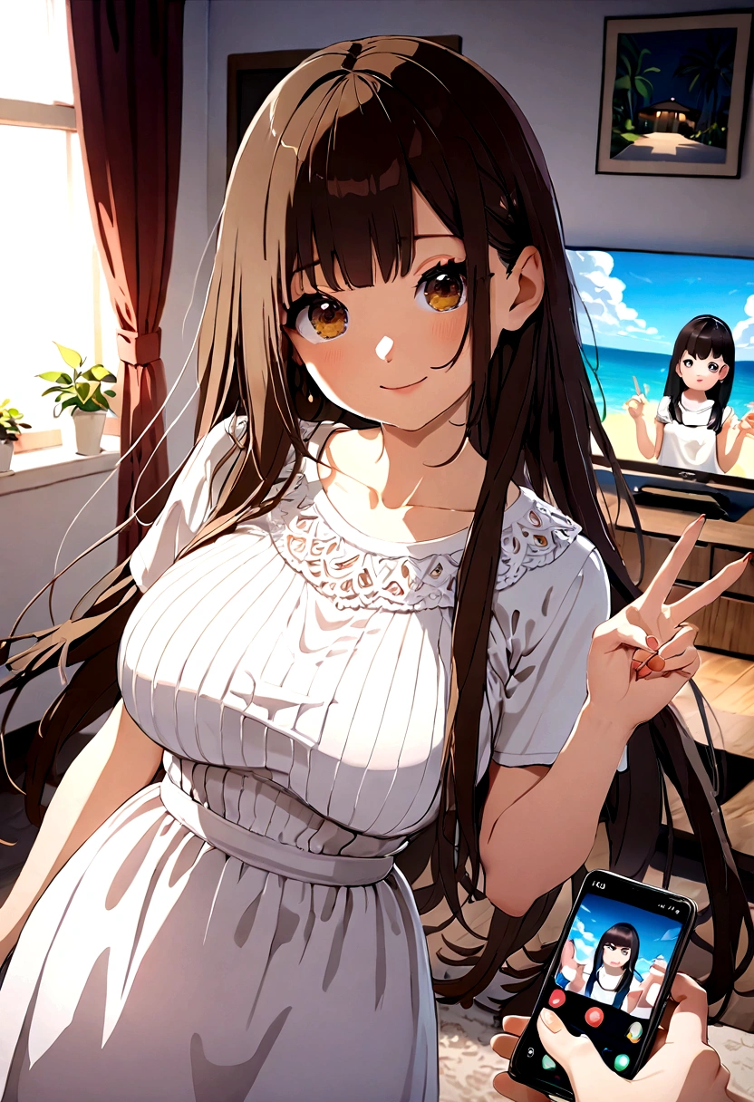 ((1girl)), super fine illustration, vibrant colors, absurdres extremely detailed CG, 8k wallpaper, (masterpiece:1.3), dynamic angle, dynamic pose,
best quality, depth of field, cinematic lighting, ultra detailed, brown long hair, very straight hair, large breast, white knit dress , 20yo, cute, very baby face, brown eyes, kawaii, smile, droopy eyes, arms at sides, smartphone, modern living room, peace fingers, The screen of the smartphone in his hand is facing towards me