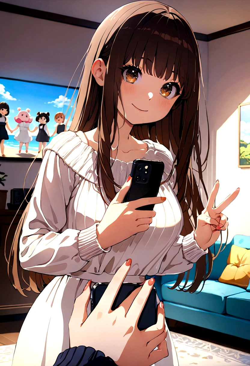 ((1girl)), super fine illustration, vibrant colors, absurdres extremely detailed CG, 8k wallpaper, (masterpiece:1.3), dynamic angle, dynamic pose,
best quality, depth of field, cinematic lighting, ultra detailed, brown long hair, very straight hair, large breast, white knit dress , 20yo, cute, very baby face, brown eyes, kawaii, smile, droopy eyes, arms at sides, smartphone, modern living room, peace fingers, The screen of the smartphone in his hand is facing towards me