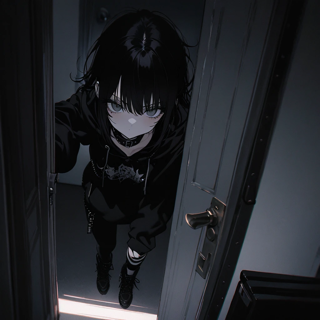 best quality, super fine, 16k, incredibly absurdres, extremely detailed, emo highschool girl opening the door of her private study room, looking at camera, emotionless expression, punk fashion, long black hair, black collars, wearing black theme hoodie, full body, dim lights, (magnificent view:1.1)