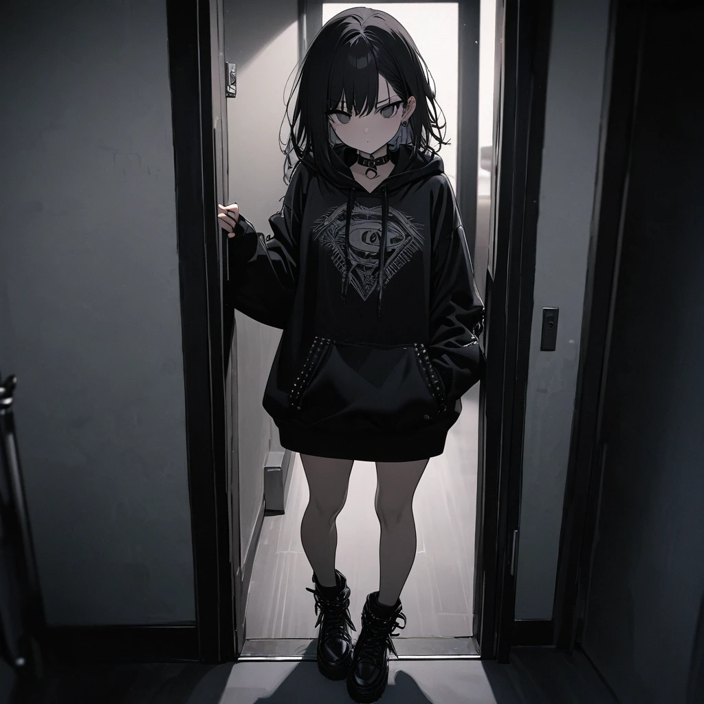 best quality, super fine, 16k, incredibly absurdres, extremely detailed, emo highschool girl opening the door of her private study room, looking at camera, emotionless expression, punk fashion, long black hair, black collars, wearing black theme hoodie, full body, dim lights, (magnificent view:1.1)