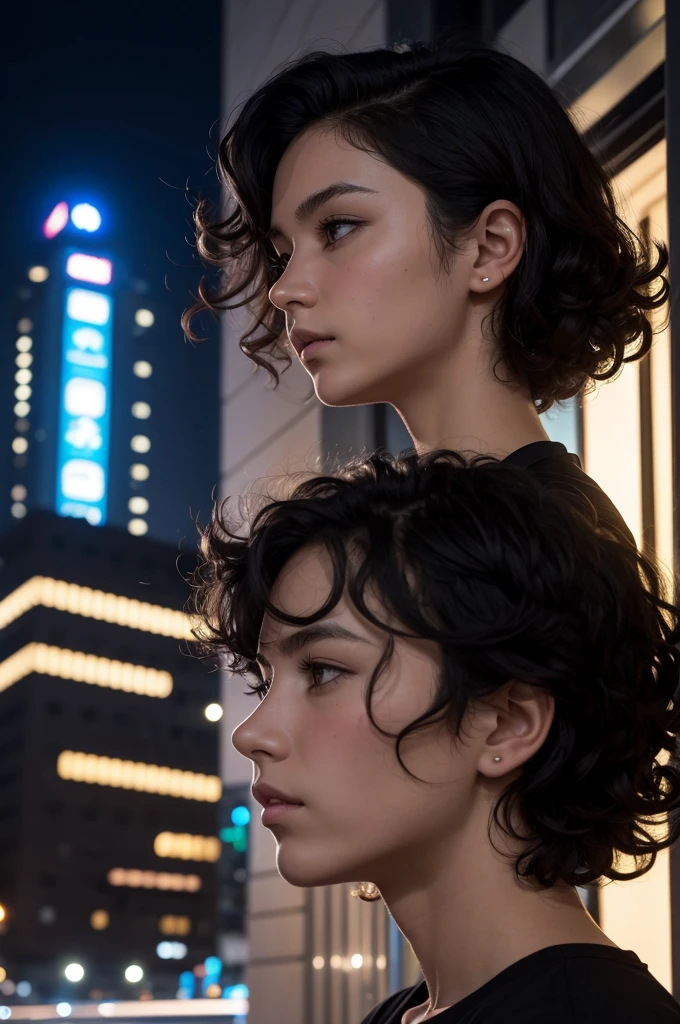 styled: realisitic. Right side: Black silhouette from the side of a boy with straight, tomboy-style hair at the back of his head, slightly defined arms and a hand on the neck of the person on the left. Left side: Black silhouette of the side of a girl at chin height of the person on the right, with voluminous long, curly hair, Looking slightly upward, in the eyes of the person on the right. fund: Dark sky as it is night with a building displaying an illuminated sign written "Just one more time..."