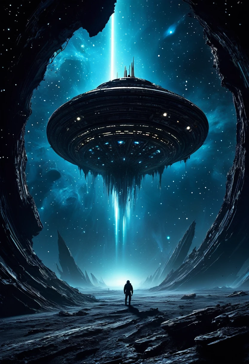 
A hauntingly dark scene set in the vast emptiness of space. In the foreground, a derelict spaceship drifts aimlessly, its once sleek and shiny exterior now battered and covered in alien growths and debris. The ship’s lights flicker sporadically, casting eerie shadows. The background shows the infinite expanse of stars and a distant, menacing nebula swirling with dark and ominous colors. In one of the spaceship’s shattered windows, a glimpse of a monstrous entity with glowing eyes can be seen. The title "Echoes of the Void" is written in a chilling, futuristic font, glowing faintly with an otherworldly blue hue. The overall tone of the cover is dark and foreboding, hinting at the horror and mystery within.

