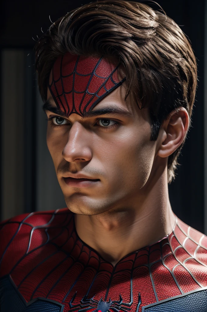 A photograph of spider man, no mask, 20 yo, handsome, detailed face, looking at camera, portrait, 8k uhd, high quality