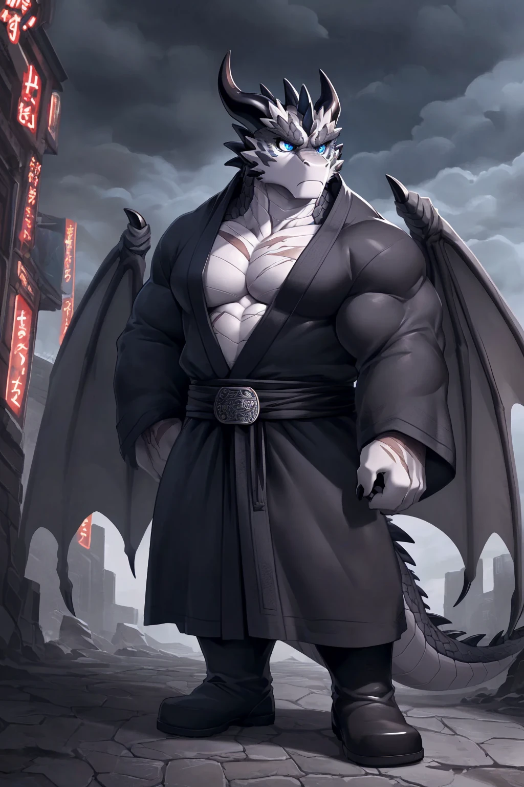 (sfw:1.5), male focus, Handsome 1boy, solitary，protrait photo, (White thick eyebrows:1.4), single, (Dark gray corners, Black horn, Dark gray curved corners:1.4), (深灰色的Dragon Wing, Dragon Wing:1.4), (Black nails, Black claws:1.4), Dark gray skin, (Dark grey tail:1.4), (Perfect blue eyes:1.4), (Dark gray body:1.3), (Beige chest:1.1), Black whites of the eyes, (Dark gray dragon scales, 深灰色的Scales:1.4), 
Black Dragon, feet, black dragon, dragon boy, dragon body, (big eyes, large eyes:1.4), Dragon Tail, Dragon Wing, Dragon Horn, Scales, (Chubby, The body is huge, Larger face:1.3), 
(Hanfu:1.4) , (Black robe:1.4), (Dark blue texture:1.3), Robe fluttering in the wind, Long sleeve, (Dark blue belt:1.2), (Tang Dynasty Black Cloth Boots:1.4), (Lots of scars, lots of scars, Lots of scars:1.3), 
(full body:1.3), (Mature men:1.4), (Strong body, muscle,Strong male, muscle男:1.3), (look up, Standing:1.4), (Looking at the audience, Focus, Eyes gaze:1.2), (arrogant, arrogant, serious, serious, calm, reason, frown:1.4), 
full background, street, confusion, Street Lights, (heavily clouded, cloudy day, remote and desolate, Dim environment:1.3),
Mysterious and romantic atmosphere, Caustic lines(refraction, polarization)Perfect anatomical structure, absurd, Detailed background, (Delicate eyes:1.3),Printing style。((artist:Takemoto Arashi))