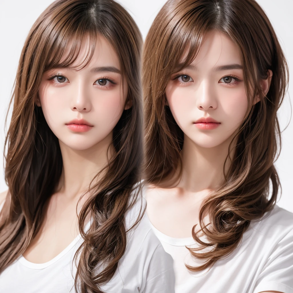 Korean SNS celeb model, woman, body hairstyle, long style, bob length, tight soft curl, integrated into face line bangs, blonde brown hair, Nikon Z7 II Mirrorless Camera, 120mm F/4 wide-angle lens, best quality, masterpiece, ultra detailed, cowboy shot, flowing, 3dmm, ink sketch, color ink, ink rendering, octane render, pastels, rice paper, clear face, full hairstyle, white background, face and neck, white t-shirt, center of the photo